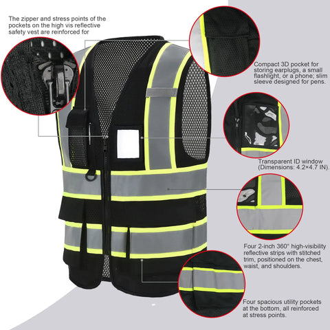 Top Shelf Seven Pocket Mesh Safety Vest In Matte Black For Active Crews Featuring Fly Airflow Polyester showcasing pockets and reflective strips.