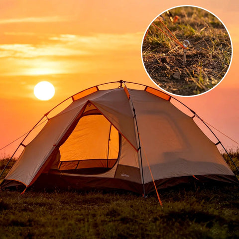 Beefy Heavy Duty 12 Pack 14 Inch Ground Anchors Screw In Non Rust Cast Aluminum Detachable Tent Stakes for camping in sunset scene