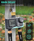 No Fuss Dual Outlet Hose Timer For Yard Watering With Two Zone Scheduling, Brass Water Timer For Garden Hose in rain delay mode