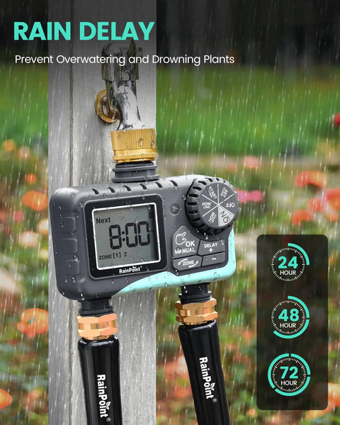 No Fuss Dual Outlet Hose Timer For Yard Watering With Two Zone Scheduling, Brass Water Timer For Garden Hose in rain delay mode