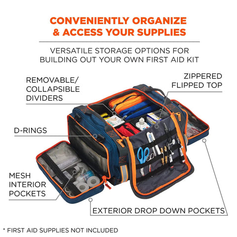 Arsenal 5216 First Responder Medical Trauma Jump Bag open showing dividers, mesh pockets, and zippered pockets with supplies