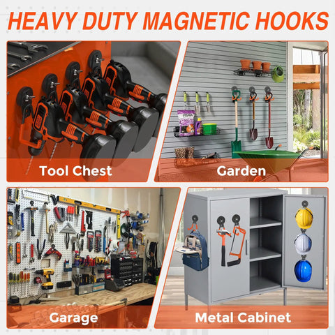 4 Pack Heavy Duty Magnetic Hooks For Garage And Home, Big 66mm Magnets With Anti Slip Coating, Vertical Wall Mount Storage To Hang Power Drill, Metal Cabinets, Garden Tools