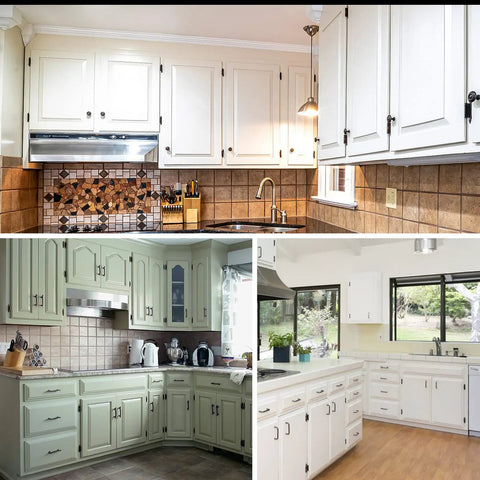 Three kitchen layouts featuring cabinets using Thirty Pack Fifteen Pairs Hella Sturdy 3/8 Inch Inset Self Closing Cabinet Hinges Matte Black Hardware For Face Frame Doors No Fuss Room Makeovers.