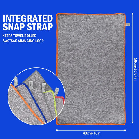Five Pack Quick Dry Microfiber Gym Towels For Sweat, Odor-Free And Lint-Free, Ultra-Absorbent, Fast-Drying Workout Towels, Grey 16x27 Inches, Lightweight And Gym Bag Ready, showing dimensions and snap strap feature.