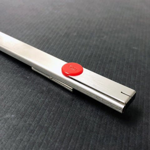 Side view of Auto Lock Stainless Steel Utility Knife with 9mm Blade Built in Snapper Pocket Clip Ambidextrous Tool