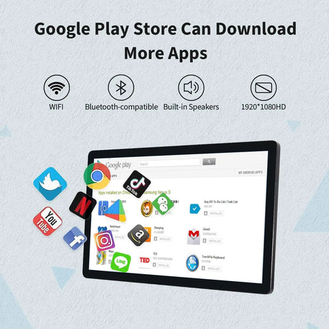 Slick 27 Inch Android 11 Touchscreen Monitor displaying Google Play Store apps, with icons for social media and video apps.
