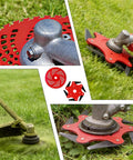 All In One Steel Trimmer Head With Beefy 6 Blade Razors And 36 Tooth Brush Cutter Blade 65Mn Steel Universal Adapter Kit in use on grass.