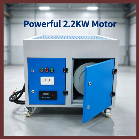 Heavy Duty Industrial Dust Collector And Welding Fume Extractor With Multi Stage Filtration System That Knocks The Dust Straight Out Of The Air 220V Workbench Rig showing 2.2KW motor and controls.