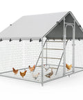 Heavy Duty Metal Chicken Coop Run With Walk In Design Roosting Perch 10 By 5 By 6.4 Ft Rust Resistant Steel Frame Waterproof And UV Resistant Cover Outdoor Duck And Chicken Enclosure For Yard Easy Access Safe Backyard Poultry Habitat featuring outdoor coop structure with chickens inside.