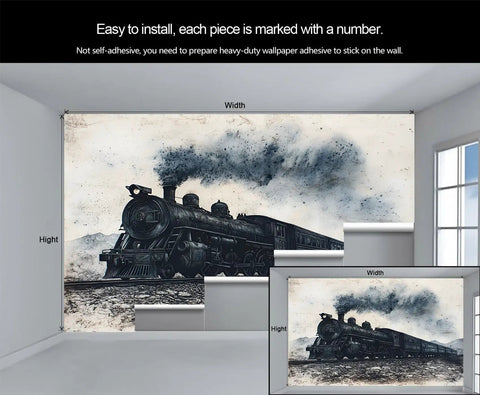 Epic Vintage Steam Trains 3D Wall Mural For Bedroom And Living Room, Giant 169 By 118 Inch Canvas Wall Art With Classic Locomotives