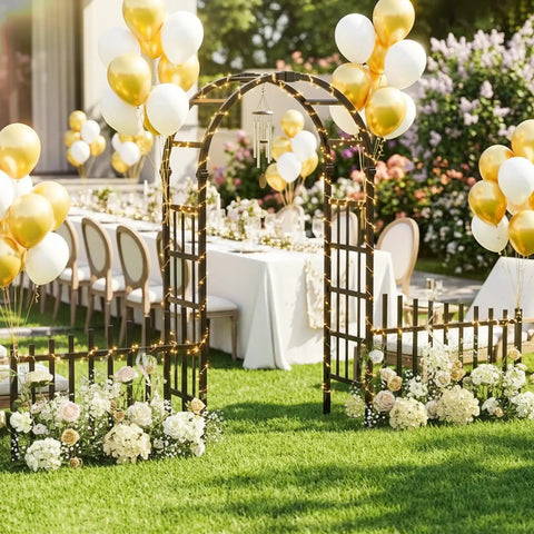 PVC Garden Arch Trellis With Fence For Climbing Plants Outdoor 91 Inch High Entryway Garden Gate Divider Black Finish Ideal For Weddings Parties Christmas And Birthday Decor at an outdoor event with balloons and flowers.