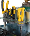 Heavy Duty Welder Cylinder Organizer Snap On Plated Steel Clip Mount Fits Wide Tank Shoulders Holds Welding Guns Cups And More Solid Workshop Gear Rig with tools organized on a mounting bracket.