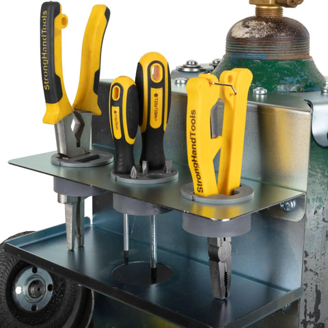 Heavy Duty Welder Cylinder Organizer Snap On Plated Steel Clip Mount Fits Wide Tank Shoulders Holds Welding Guns Cups And More Solid Workshop Gear Rig with tools organized on a mounting bracket.