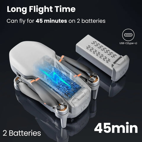 Easy To Fly Lightweight GPS Drone With 4K Camera And 2-Axis Gimbal For Beginners And Adults, Auto Return, Follow Me, Under 249g, No FAA Registration Required, Mini RC Quadcopter With 2 Extra Batteries For About 45 Minutes Of Flight drone and battery display
