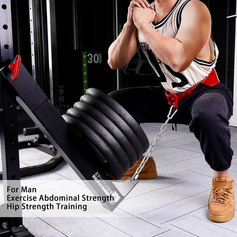 Man using Squat Lever Arm Plate Loaded Gym Equipment for belt squats on 3x3 rack; product focus keyword applied.