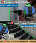 Green Beam 16 Lines Laser Level With Self Leveling, 150ft Range showing self-leveling and slash lock modes in use.
