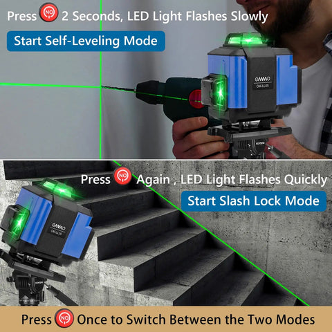 Green Beam 16 Lines Laser Level With Self Leveling, 150ft Range showing self-leveling and slash lock modes in use.