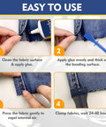 Steps showing use of Permanent Fabric Glue for Clothing, Washable and Clear Bond for Cotton, Denim, Leather, and Polyester.