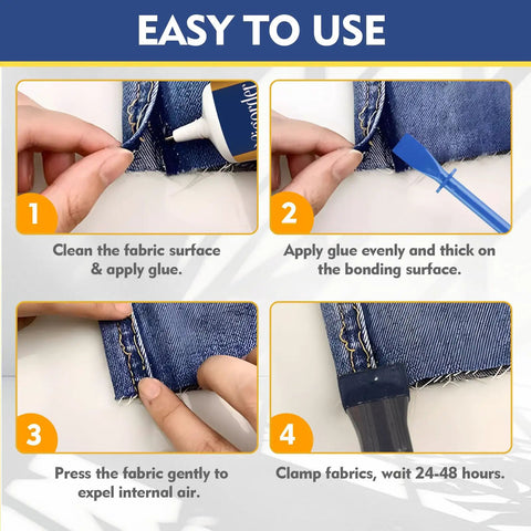 Steps showing use of Permanent Fabric Glue for Clothing, Washable and Clear Bond for Cotton, Denim, Leather, and Polyester.