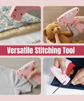 No Sweat Stitch Gun For Clothes Handheld Fabric Tacker Quick Fix Clothing Repair Hemming Kit showcasing use on fabric and teddy bear.