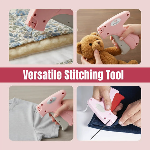 No Sweat Stitch Gun For Clothes Handheld Fabric Tacker Quick Fix Clothing Repair Hemming Kit showcasing use on fabric and teddy bear.