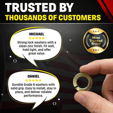 Close-up of a 3/8 inch Grade 8 hardened split lock washer with yellow zinc finish held between fingers.