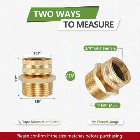 Lead Free Brass 3/4 GHT Female To 1 NPT Male Swivel Adapter For Hose To Pipe Fitting, size guide with measurements