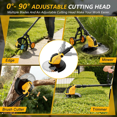 Electric Cordless Weed Wacker With Wheel Kit 800W Brushless Motor 20,000 RPM 12 Inch Cutting Path 4 In 1 Tool in use