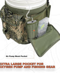 Close-up of Five Gallon Bucket Backpack With Rod And Pliers Holder And Multiple Pockets For Fishing, Hunting, And Apple Picking In Camouflage showing pockets.