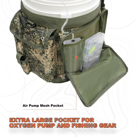 Close-up of Five Gallon Bucket Backpack With Rod And Pliers Holder And Multiple Pockets For Fishing, Hunting, And Apple Picking In Camouflage showing pockets.