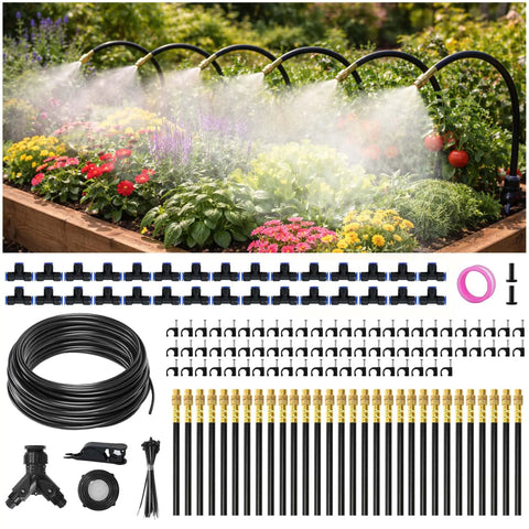 Garden setup with 100 Ft Drip Irrigation Kit With Dual Zone Misting System And 30 Copper 360 Degree Adjustable Nozzles