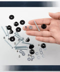 Pro Level Round Furniture Glide Feet Kit With Every Screw And Nut You Need Black plastic gliders and hardware pieces in hand.