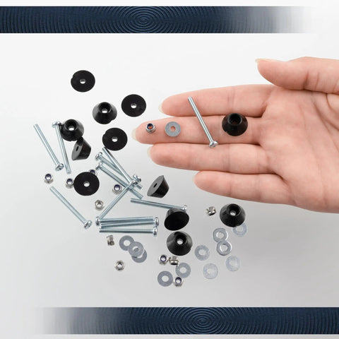 Pro Level Round Furniture Glide Feet Kit With Every Screw And Nut You Need Black plastic gliders and hardware pieces in hand.