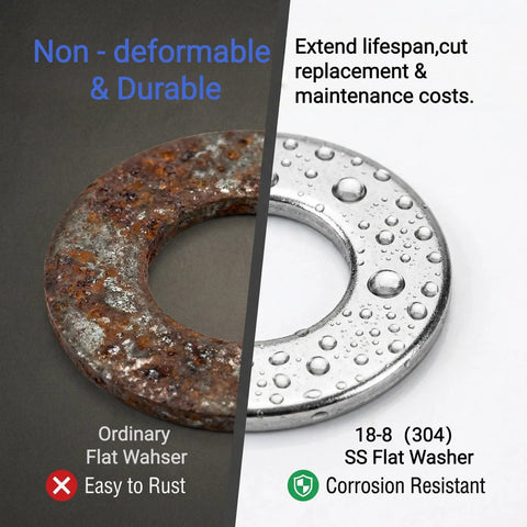 Comparison of ordinary rusty flat washer and shiny corrosion-resistant 18-8 stainless steel washer from Top Notch 55 Piece 7/16 Inch Flat Washers Made From Gnarly 18-8 Stainless Steel For Serious Rust And Corrosion Proof Fastening Jobs On Cars Or Construction Sites Right Now.