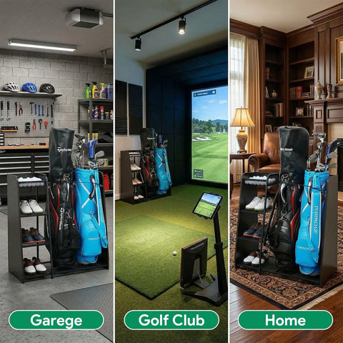 Golf Bag Storage Organizer For Garage Holds Two Golf Bags With Ball Storage Basket Keeps Golf Gear Neat Accessible And Ready To Roll For Practice In Your Home Or Club Garage Durable Steel Construction Keeps Two Full Size Golf Bags Upright And Easy To shown in various settings