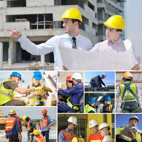Construction workers wearing customizable safety hard hats with personalized logo for construction and work, shown on job sites