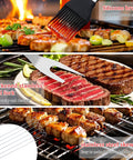All In One Grill Tools Set With 4 In 1 Spatula, Tongs, Fork, Silicone Brush, Skewers in use on barbecue grill