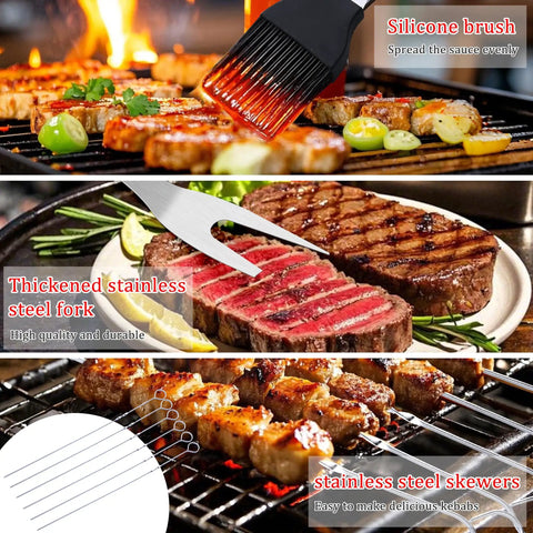 All In One Grill Tools Set With 4 In 1 Spatula, Tongs, Fork, Silicone Brush, Skewers in use on barbecue grill
