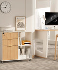 Smooth Rolling Three Drawer Lateral Filing Cabinet With Secure Locks And Sleek Fluted Finish, Solid Oak Mobile Desk Organizer Plus Roomy Printer Stand For Effortless Home Office Storage Stash in a modern office setup.