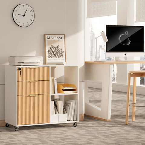 Smooth Rolling Three Drawer Lateral Filing Cabinet With Secure Locks And Sleek Fluted Finish, Solid Oak Mobile Desk Organizer Plus Roomy Printer Stand For Effortless Home Office Storage Stash in a modern office setup.