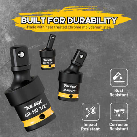 Impact Universal Joint Swivel Socket Set One Half Inch Three Eighth Inch One Quarter Inch Flexible Wobble Drive Kit Built To Last In Premium CR Mo Steel For Heavy Duty Torque And Smooth Access In Tight Spots