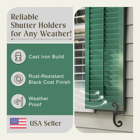 Top Shelf Cast Iron Shutter Dogs With Rust Resistant S Hook Exterior Hardware 6.5 Inch under green shutters showcasing durability.