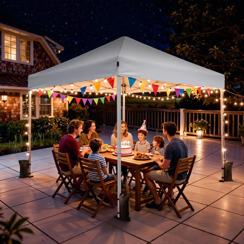 One Button Quick Setup 10x10 Pop Up Canopy with Carry Bag, white tent over family party at night