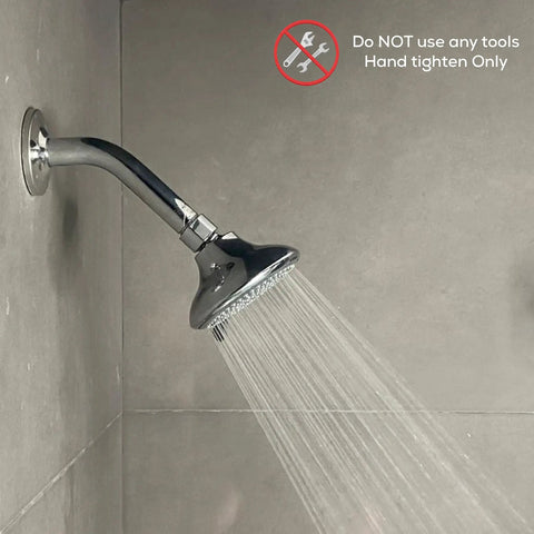 High-Pressure 3-Function Rain Shower Head in polished chrome finish with wide angle rainfall, wall-mounted in a shower.