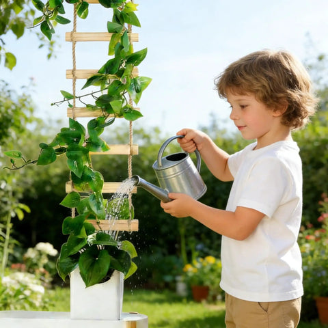 Child watering plant with Ultra Tall 3ft Wooden Ladder Trellis For Climbing Plants Sturdy Indoor Outdoor Plant Support