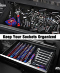 Magnetic Socket Rail Organizer For 3/8-Inch Drive Set in a drawer with sockets and wrenches neatly arranged and organized.