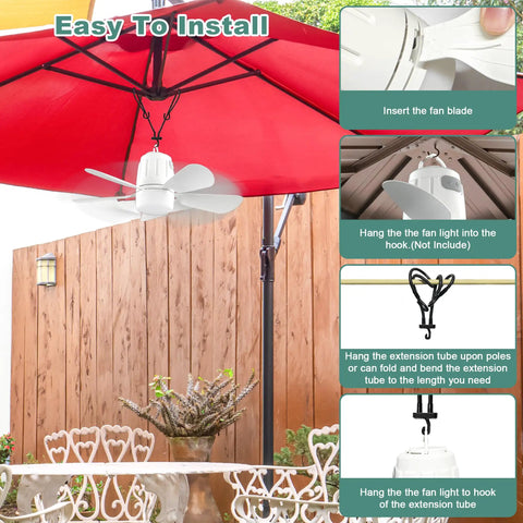 Portable Outdoor Ceiling Fan With Battery Power And Bright Led Light Silent Remote Control Canopy Breeze Maker And Extension Hook For Gazebo Patio Tent Backyard Kickback Spot hanging under a red umbrella.