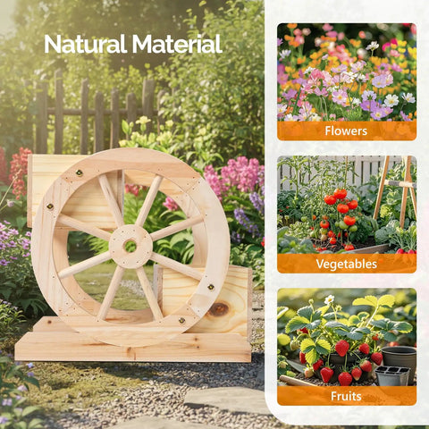 Cute Wooden Wagon Planter Box With Storage, Rustic Wheel Planter Decor for Flowers, Herbs and Vegetables, Natural Wood