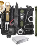 All In One 22 In 1 Survival Kit For Men Your Go To Emergency Gear For Camping Hiking Hunting Disaster Prep Tactical SOS Readiness Waterproof Case Outdoor Adventure Essentials displayed open with tools inside