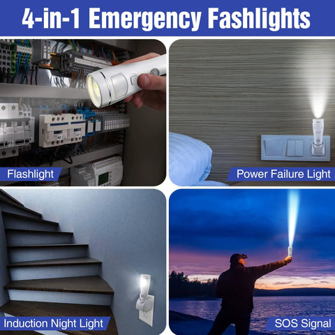 Four uses of 6 Pack 4 In 1 LED Emergency Lights For Home Power Outage, Rechargeable Plug In Flashlight Motion Sensor Night Light.